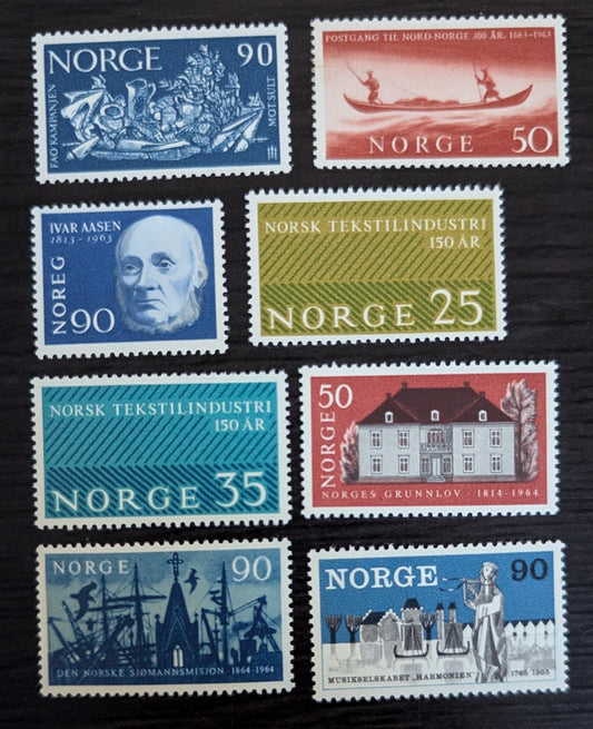 Lot 298 Norway SC#436/478 1963-1965 Freedom From Hunger Campaign - Bicentenary of Bergens Philharmonic Society Issues, 8 VFOG Singles, Click on Listing to See ALL Pictures, 2017 Scott Cat. $13.4