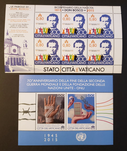 Lot 2 Vatican City SC#1589var/1593 2015 St. John Bosco / Events Of 1945 Issues, A VFNH Sheet Of 6 And A Sheet Of 2, Click on Listing to See ALL Pictures, 2017 Scott Cat. $19.5