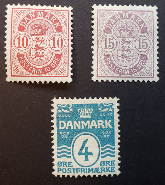 Lot 30 Denmark SC#45a/60 1902-1905 Arms / Wavy Lines With Numeral Issues, 3 VFOG Singles, Click on Listing to See ALL Pictures, 2017 Scott Cat. $21