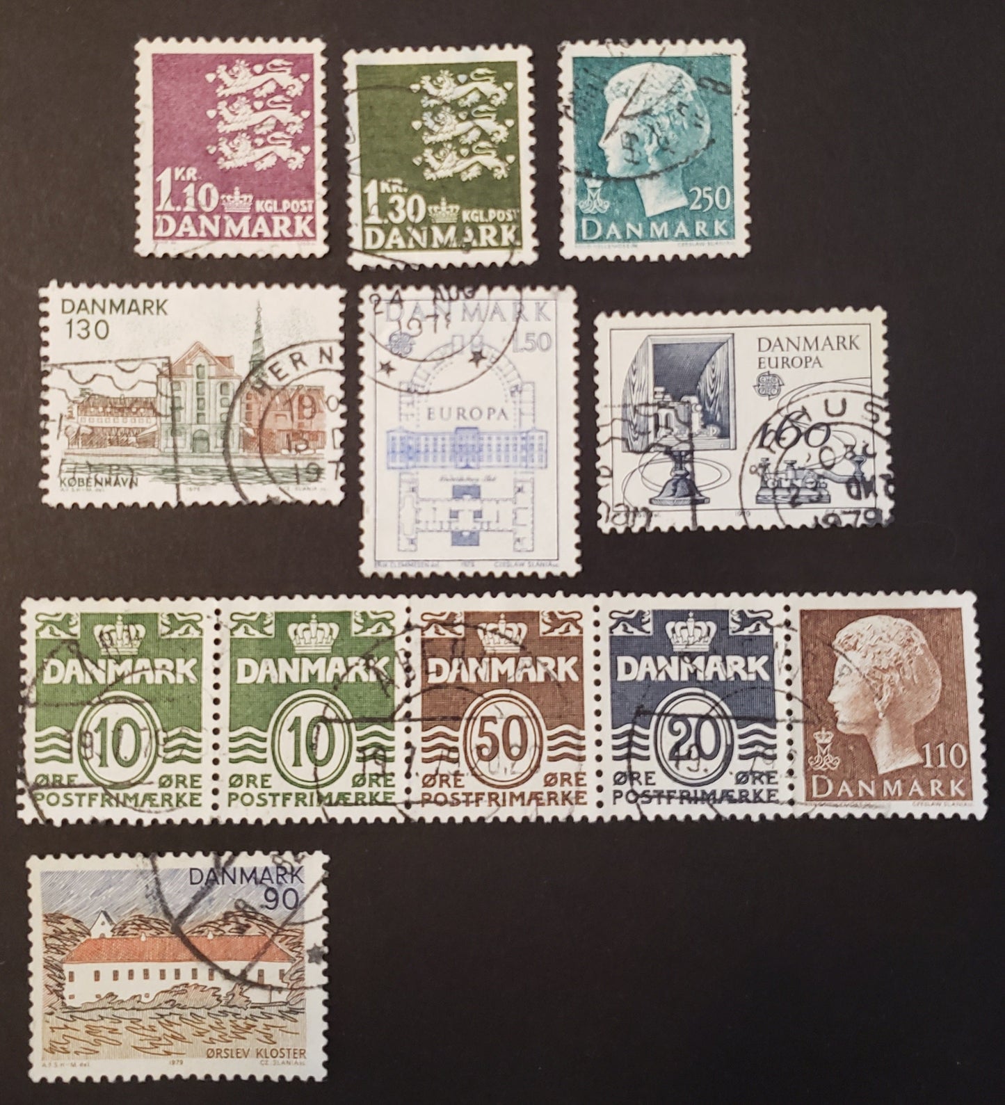 Lot 42 Denmark SC#395/656 1962-1979 State Seal / Landscapes Issues, 7 Very Fine Used Singles And 1 Strip Of 5, Click on Listing to See ALL Pictures, 2017 Scott Cat. $17.7