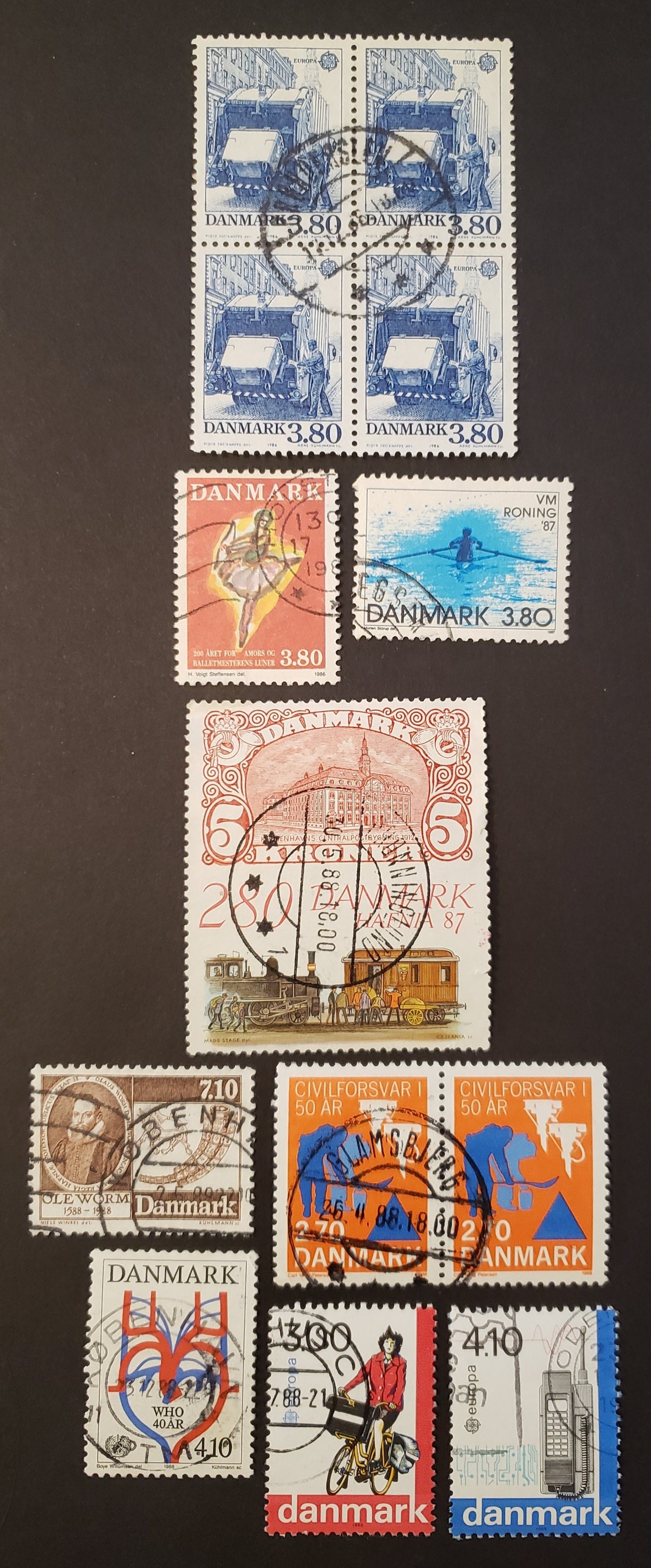 Lot 45 Denmark SC#827/855 1986-1988 Europa / World Motorcycle Championships Issues, 7 F-VF Used Singles, A Block Of 4, And A Pair, Click on Listing to See ALL Pictures, 2017 Scott Cat. $17.2