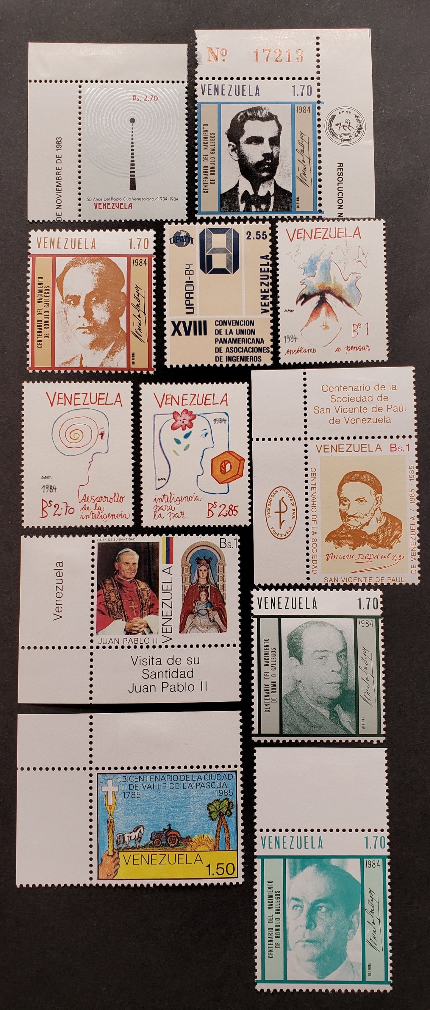 Lot 4 Venezuela SC#1323/1336 1984-1985 Radio Waves / Gallegos Memorial Issues, 12 VFNH & OG Singles, Click on Listing to See ALL Pictures, 2017 Scott Cat. $8.35