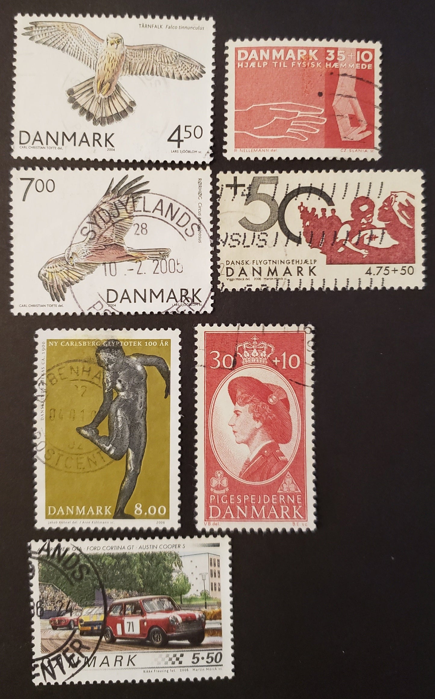 Denmark SC#B28/1358 1960-2006 Scouts Fund For Children / Race Cars Issues, 7 F-VF Used Singles, Click on Listing to See ALL Pictures, 2017 Scott Cat. $12.75