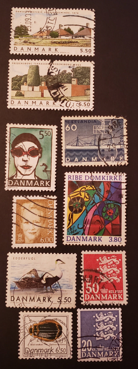 Denmark SC#403/1312 1962-2007 M.S. Selandia / Small State Seal Issues, 10 F-VF Used Singles, 60o Ship Has Full UR Corner, But Cancel Conceals It, Click on Listing to See ALL Pictures, 2017 Scott Cat. $17