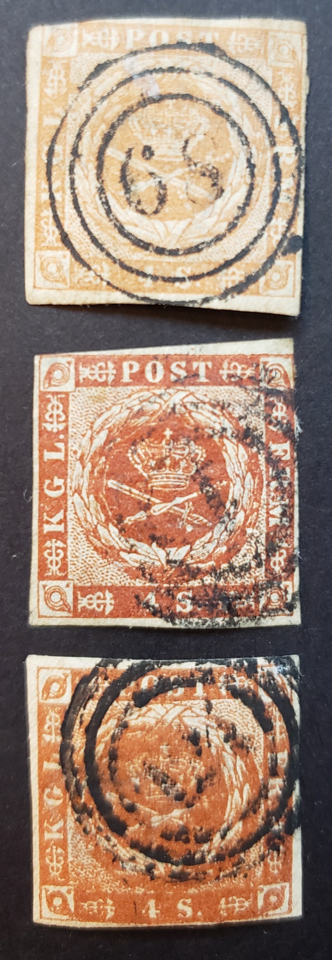 Lot 58 Denmark SC#4 1854 Dotting In Spandrels Issue, 3 Different Shades, 3 Fine Used Singles, Click on Listing to See ALL Pictures, 2017 Scott Cat. $45