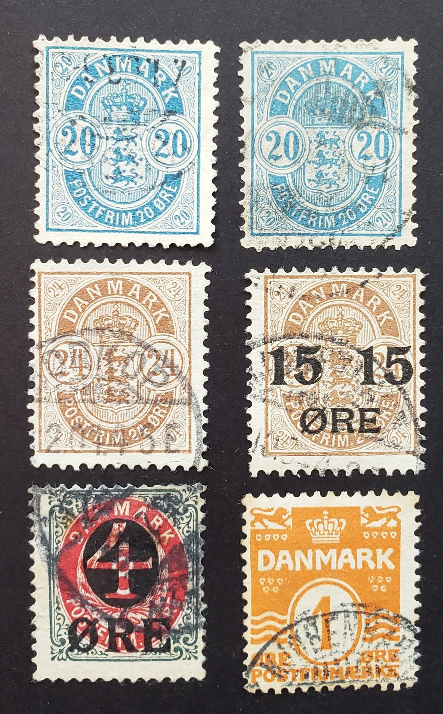 Lot 64 Denmark SC#48/57 1895-1917 Larger Corner Numerals / Wavy Lines And Numerals Issues, 6 Fair-VF Used Singles, Most Fine Or Better, Click on Listing to See ALL Pictures, 2017 Scott Cat. $35.4