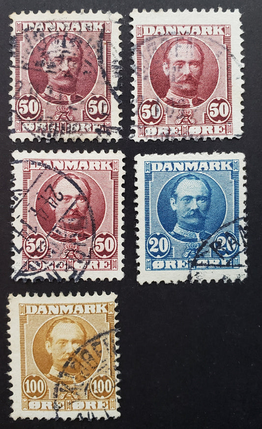 Lot 69 Denmark SC#74a/78 1907-1912 King Frederik VIII Issue, 5 Fine & VF Used Singles, Click on Listing to See ALL Pictures, 2017 Scott Cat. $28.75