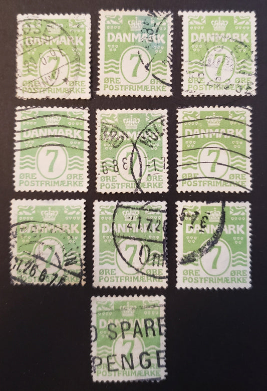 Lot 70 Denmark SC#91 1926 Wavy Lines And Numeral Issue,7o Apple Green, One Of The Key Values, 10 Fine to VF Used Singles, Click on Listing to See ALL Pictures, 2017 Scott Cat. $72.5