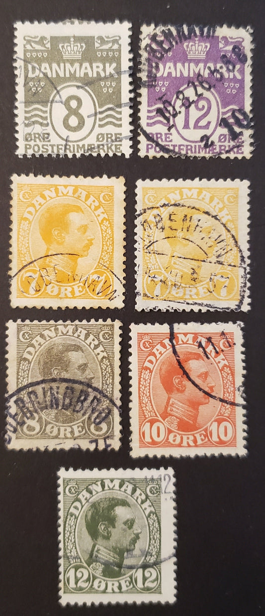 Lot 72 Denmark SC#93/101 1913-1918 Wavy Lines And Numeral / King Christian X Issues, 7 Fine & VF Used Singles, Click on Listing to See ALL Pictures, 2017 Scott Cat. $36.25