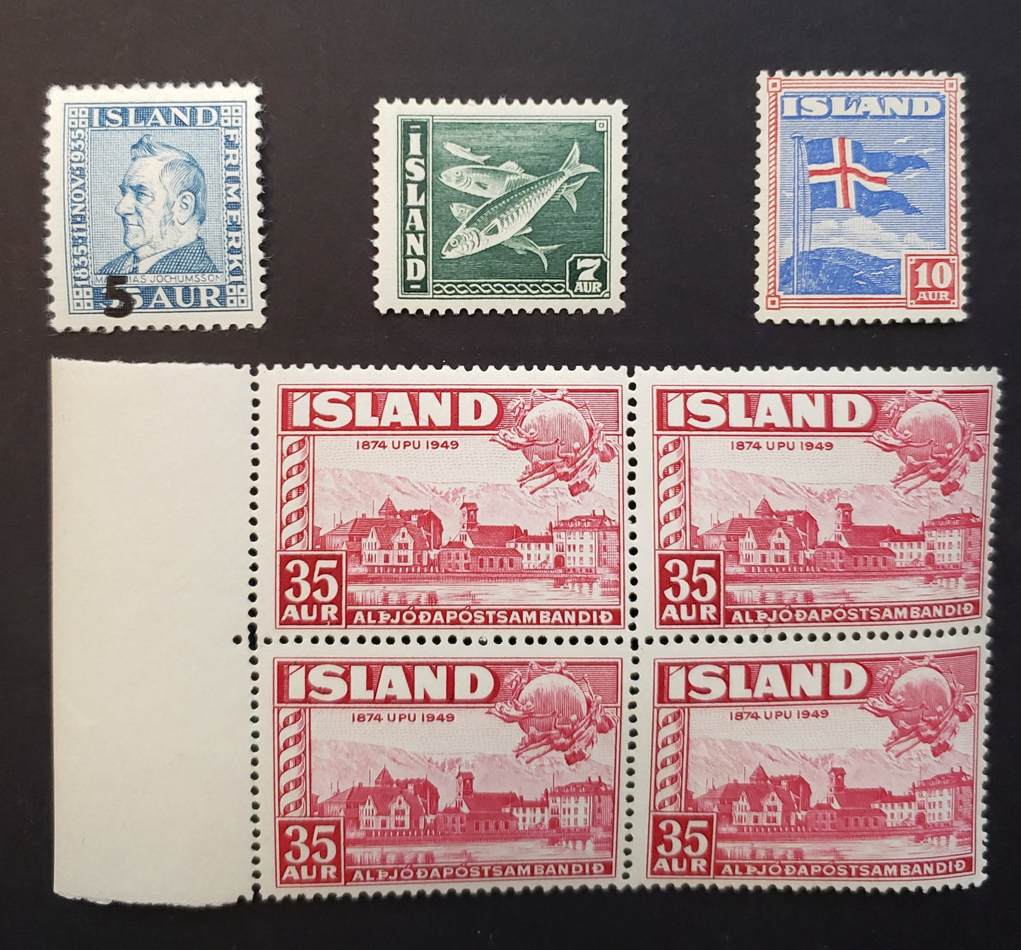 Lot 95 Iceland SC#212/254 1939-1949 Matthias Jochumsson / UPU 75th Anniv. Issues, 3 VFNH Singles And A Fine NH Block Of 4, Click on Listing to See ALL Pictures, 2017 Scott Cat. $21