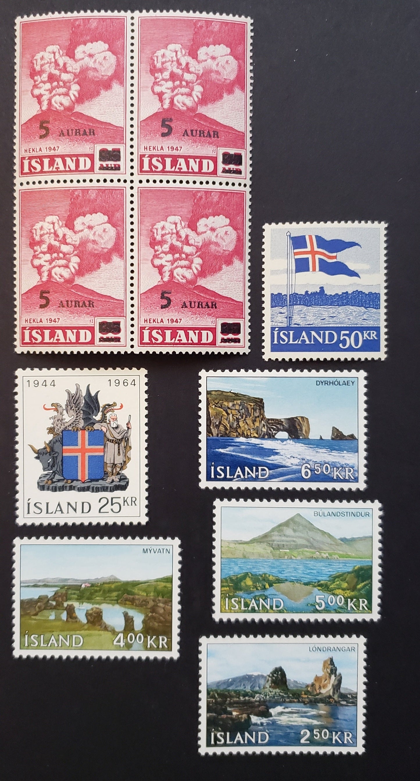 Lot 96 Iceland SC#283/383 1954-1966 Eruption Of Hekla Volcano Surcharged / West Iceland Issues, 6 VFNH Singles And A Block Of 4, Click on Listing to See ALL Pictures, 2017 Scott Cat. $14