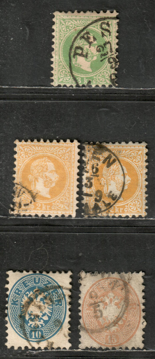 Lot 10 Austria SC#25/28 1863-1872 Coat Of Arms / Franz Josef Issues, Coarse Print, 5 Fine Used Singles, Click on Listing to See ALL Pictures, 2022 Scott Classic Cat. $20.4