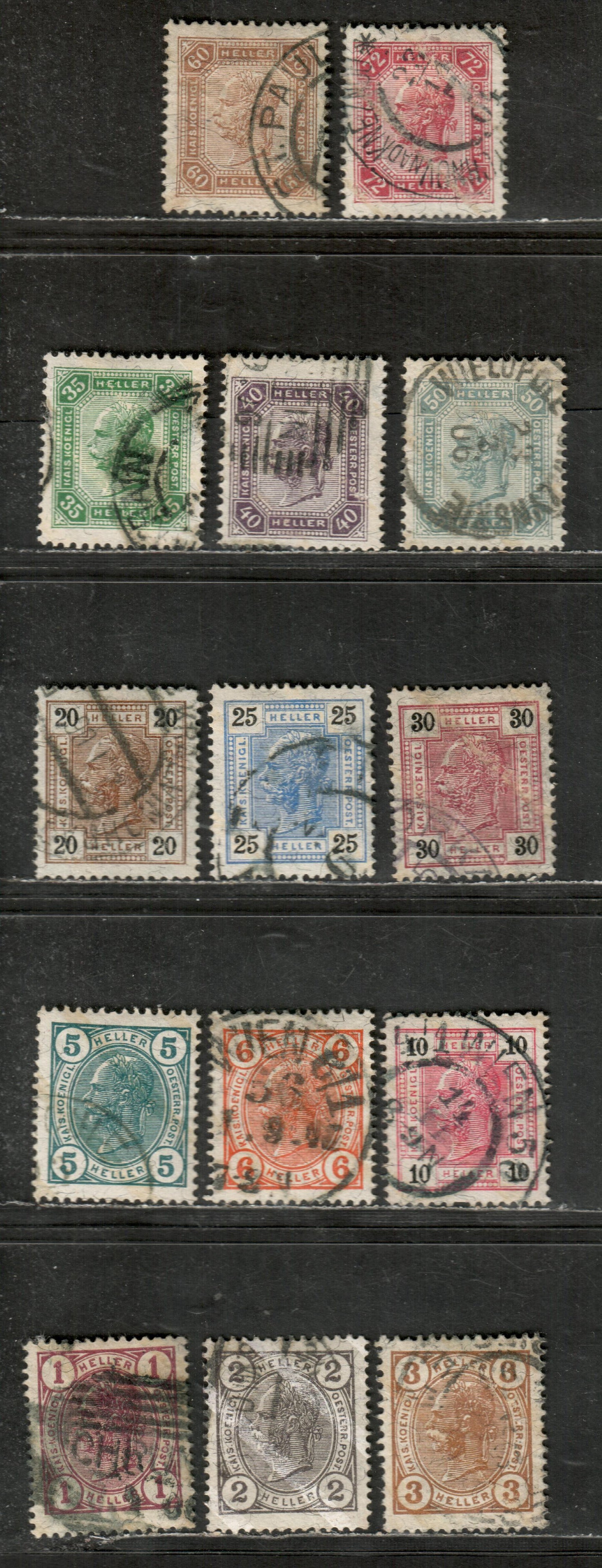 Lot 16 Austria SC#86a/105a 1904 Franz Josef With Varnish Bars Issues, 14 F-VF Used Singles, Click on Listing to See ALL Pictures, 2022 Scott Classic Cat. $24.45