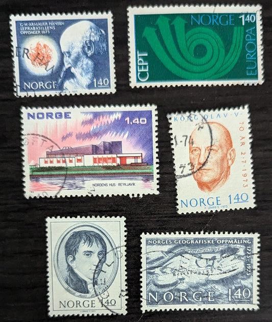 Norway SC#603/630 1973 Centenary of Discovery of Hansen Bacillus - Geographic Survery of Norway Issues, 6 Very Fine Used Singles, 2017 Scott Cat. $10