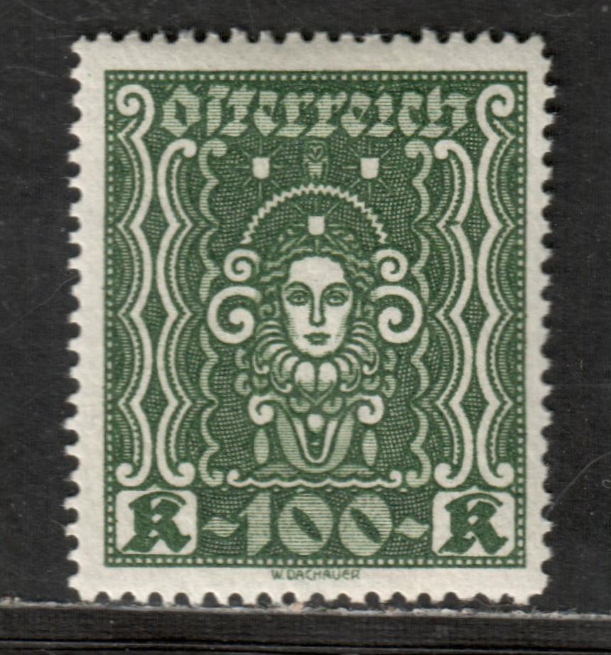 Lot 32 Austria SC#291d 100k Deep Green 1922-1924 Symbols Of Art And Science Issue, Perf 12 1/2, 25 x 29 1/4mm Design Size, A VFOG Single, Click on Listing to See ALL Pictures, 2022 Scott Classic Cat. $50