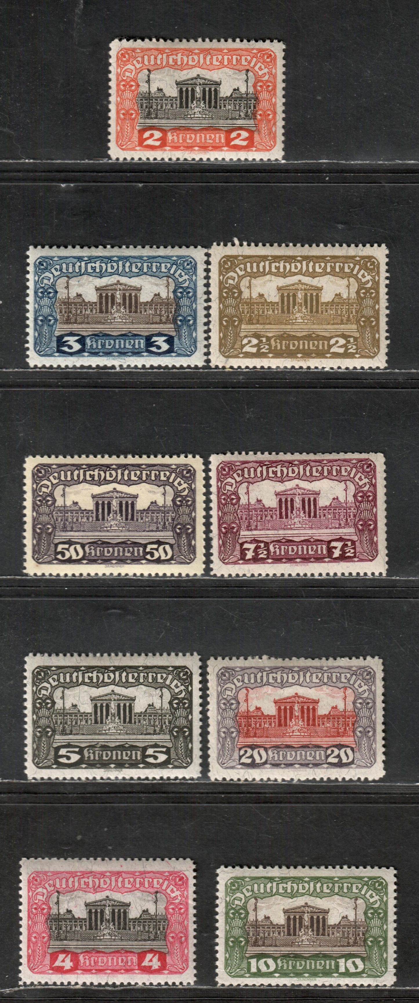 Lot 36 Austria SC#219/226 1919-1920 Parliament Building Issue, 9 VFOG Singles, Click on Listing to See ALL Pictures, 2022 Scott Classic Cat. $6.75