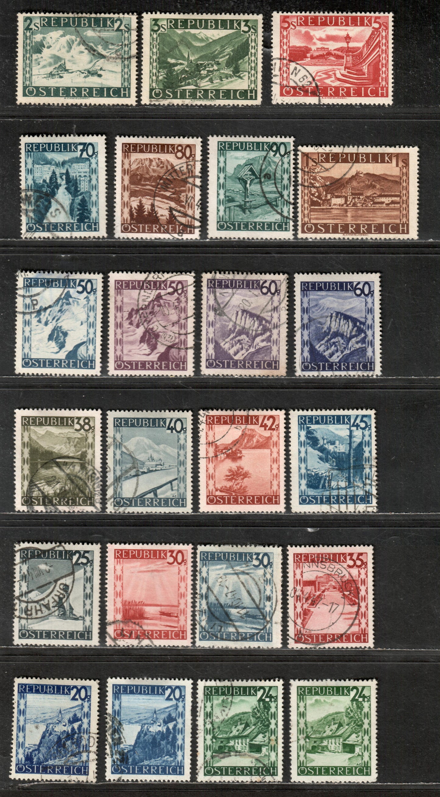 Lot 43 Austria SC#464/481 1945-1946 Scenes Issue, 23 F-VF Used Singles, Click on Listing to See ALL Pictures, 2017 Scott Cat. $23