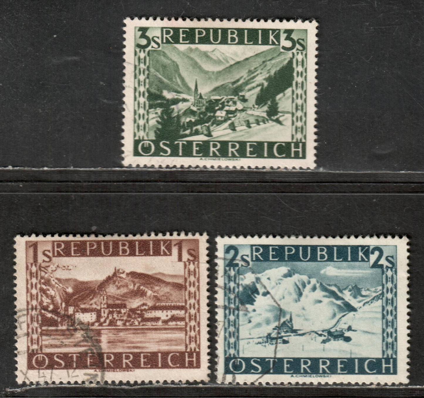 Lot 45 Austria SC#496/498 1946 Scenic Issue, 3 Very Fine Used Singles, Click on Listing to See ALL Pictures, 2017 Scott Cat. $12.25