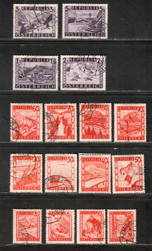 Lot 47 Austria SC#500/515 1947-1948 Scenic Issue, 16 Very Fine Used Singles, Click on Listing to See ALL Pictures, 2017 Scott Cat. $11.3