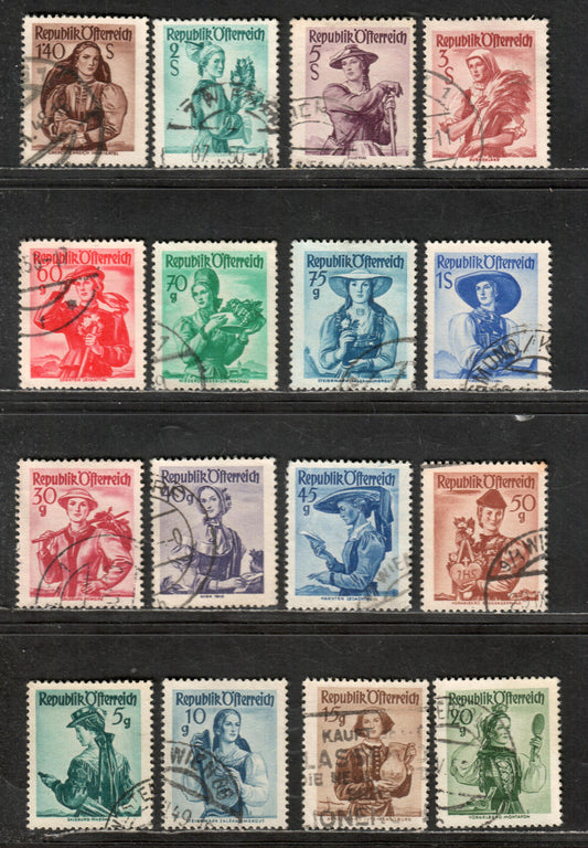 Lot 48 Austria SC#521/554 1948-1952 Austrian Costumes Issue, 16 Very Fine Used Singles, Click on Listing to See ALL Pictures, 2017 Scott Cat. $4.3