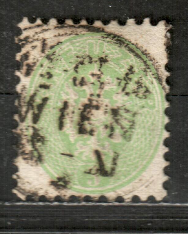 Lot 9 Austria SC#23 3kr Green 1863-1864 Coat Of Ams Issue, A VG Used Single, Click on Listing to See ALL Pictures, 2022 Scott Classic Cat. $15