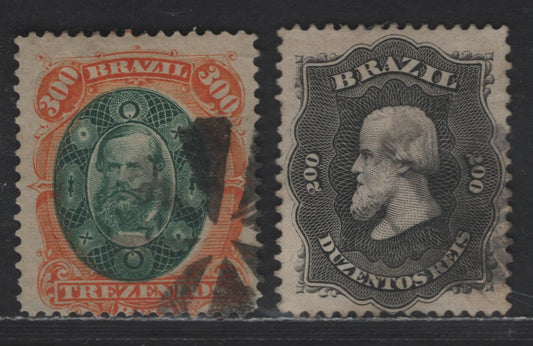 Lot 10 Brazil SC#59,78 1866-1879 Emperor Dom Pedro Issue, 2 Fine & VG Used Singles, Click on Listing to See ALL Pictures, 2022 Scott Classic Cat. $37, Net. Est. $12