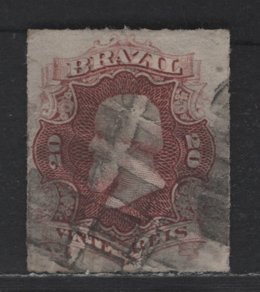 Lot 12 Brazil SC#62 20r Red Lilac 1876-1877 Rouletted Emperor Dom Pedro Issue, A Fine Used Single, Click on Listing to See ALL Pictures, 2022 Scott Classic Cat. $30, Net. Est. $15