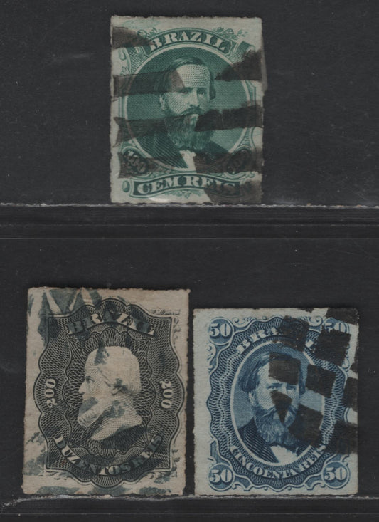 Lot 13 Brazil SC#63, 65, 66 1876-1877 Rouletted Emperor Dom Pedro Issue, 3 VF Used Singles, Click on Listing to See ALL Pictures, 2022 Scott Classic Cat. $19.25