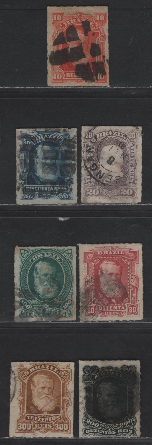 Lot 14 Brazil SC#68/75 10r Vermilion - 300r Bistre, 1878-1879 Emperor Dom Pedro Issue, 7 VG, Fine & VF Used Singles, Click on Listing to See ALL Pictures, 2022 Scott Classic Cat. $38.25, Net. Est. $25