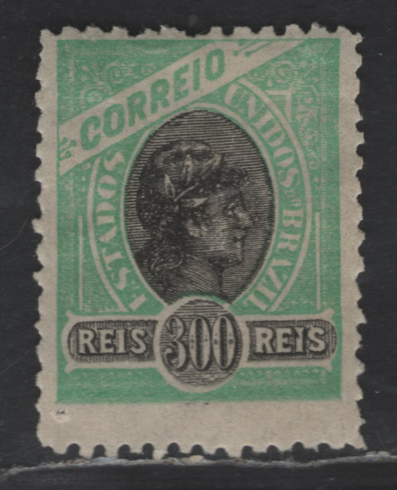 Lot 25 Brazil SC#119b 300r Green & Black 1894-1897 Liberty Head Issue, 1902-1905 Printing With Wider Spacing Between Stamps, Unwatermarked, A FOG Single, Click on Listing to See ALL Pictures, 2022 Scott Classic Cat. $35, Net. Est. $18