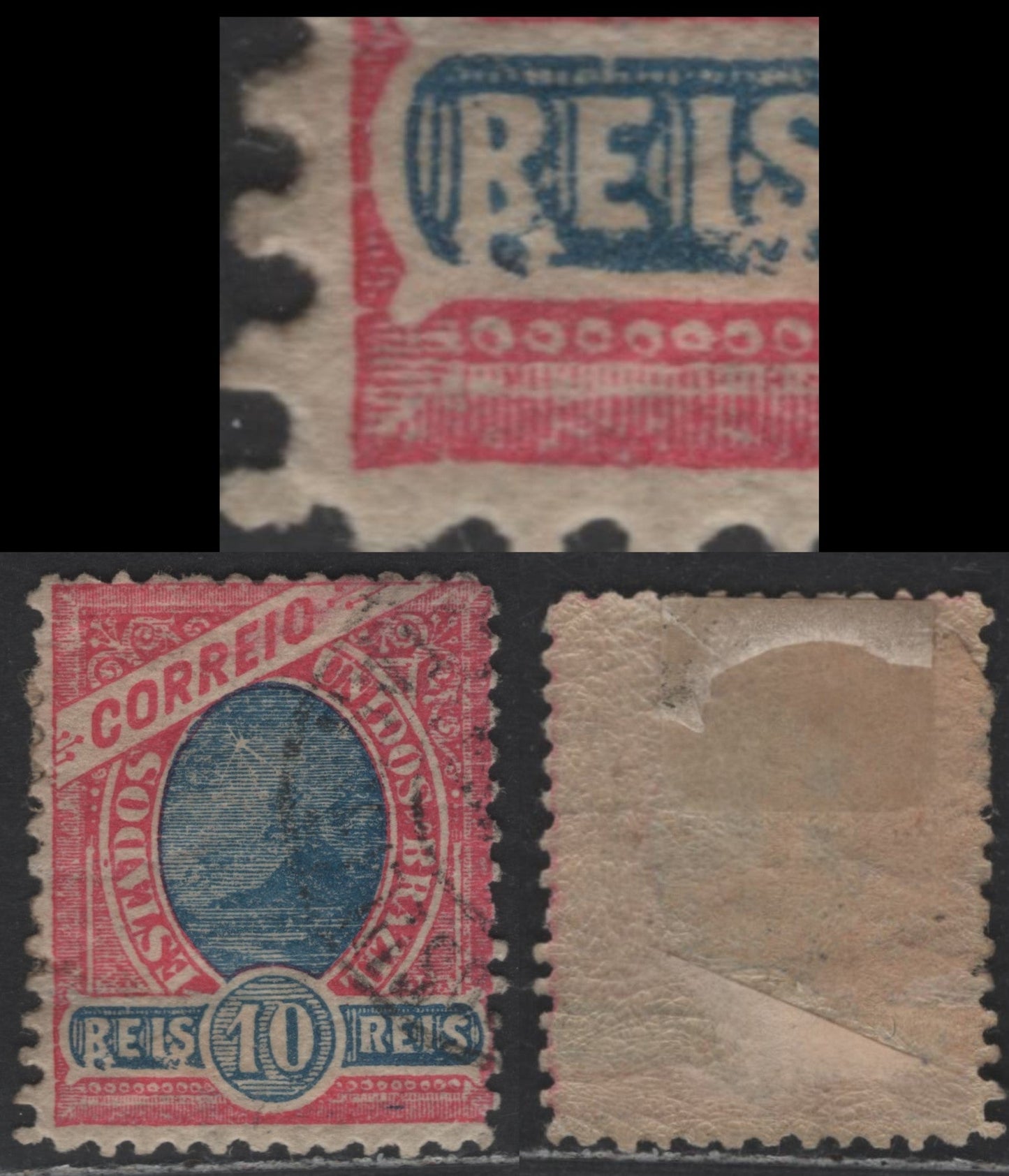 Lot 30 Brazil SC#166var 10r Rose & Blue 1905 Sugarloaf Mountain Issue, A Fine Used Single, Showing "B" For "R" Error In "Reis", Watermark 97/98, Click on Listing to See ALL Pictures, Estimated Value $10