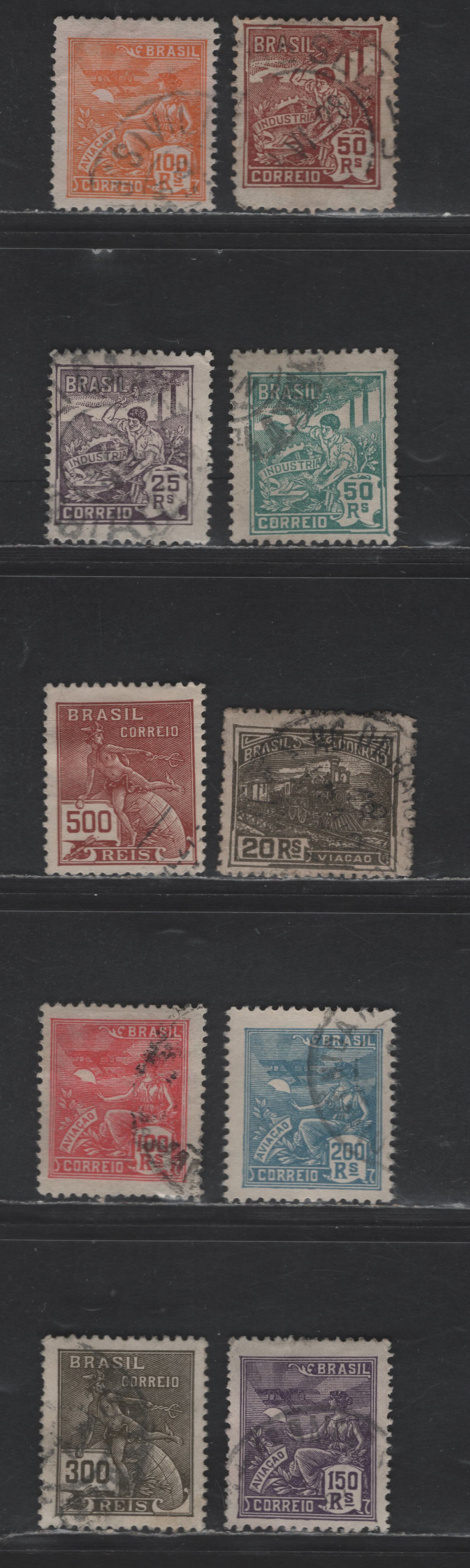 Lot 43 Brazil SC#219/230 1920-1922 Industries Issue, Unwatermarked, 10 Fine & Very Fine Used Singles, Click on Listing to See ALL Pictures, 2022 Scott Classic Cat. $5