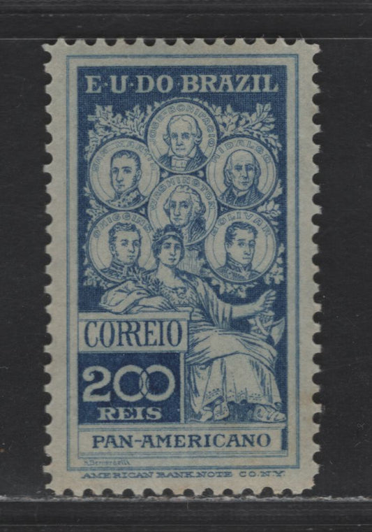 Brazil SC#191 200r Deep Blue 1909 Bonifacio, Bolivar, Hidalgo, O'Higgins & San Martin Issue, A VFOG Single, Click on Listing to See ALL Pictures, 2022 Scott Classic Cat. $12