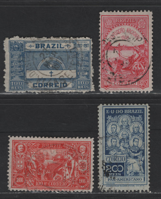 Brazil SC#189/197 1908-1917 National Exhibition, Rio de Janeiro - Revolution of Pernambuco Issues, 4 Fine Used Singles, Click on Listing to See ALL Pictures, 2022 Scott Classic Cat. $13.