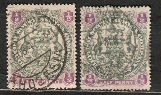 Rhodesia SG#66 1/2d Slate & Brown Purple, Deep Slate & Deep Lilac 1897 Round Arms Issue W/ Ends Of Scrolls Between Springbok's Legs, 2 Very Fine Used Singles, Click on Listing to See ALL Pictures, Estimated Value $19