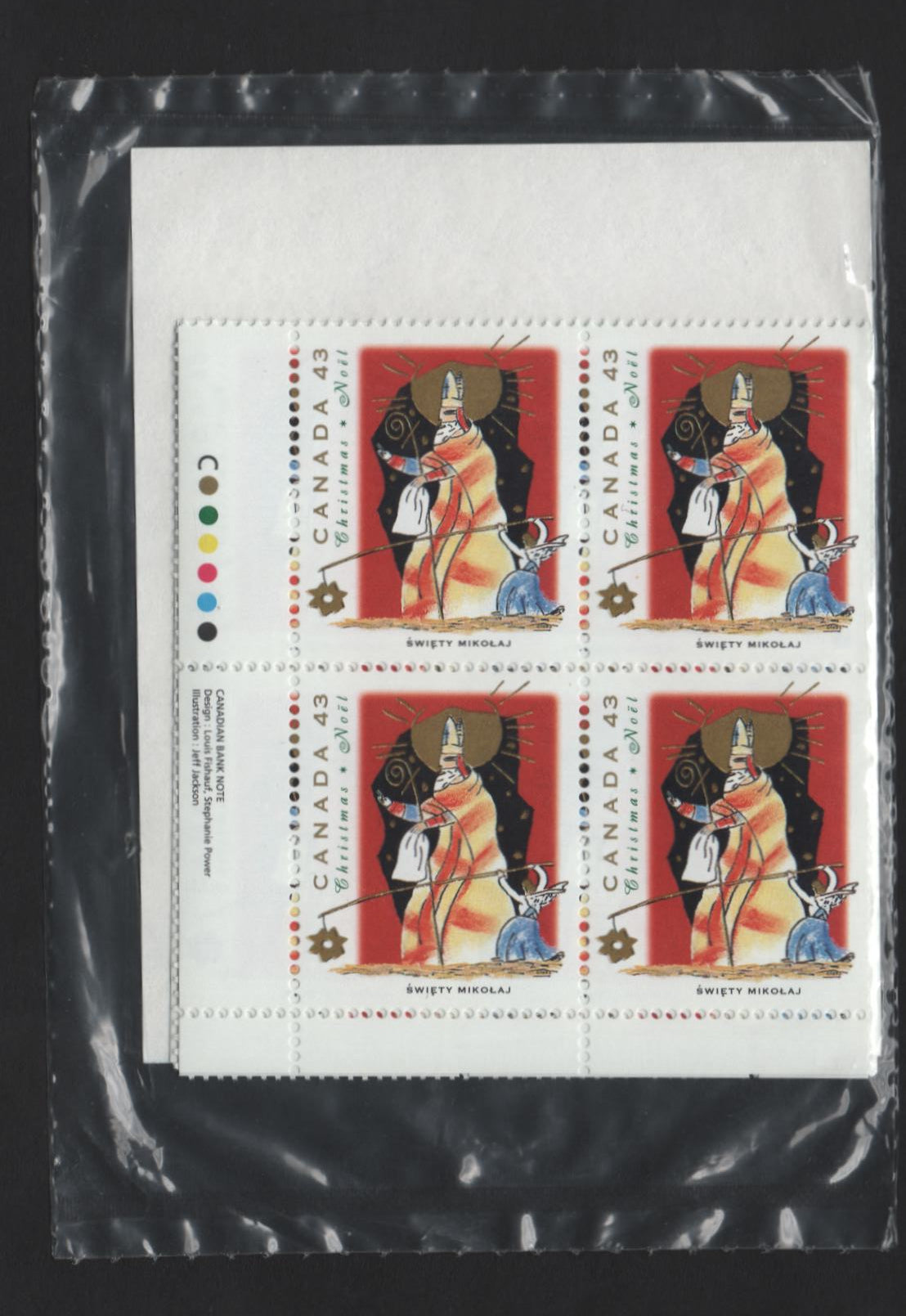 Canada #1499 43c Multicoloured Swiety Mikolaj, 1993 Christmas Issue, A VFNH Sealed Pack of Inscription Blocks Type 4 HB Blue & White Cardboard Insert, DF1/DF2 Coated Papers Paper