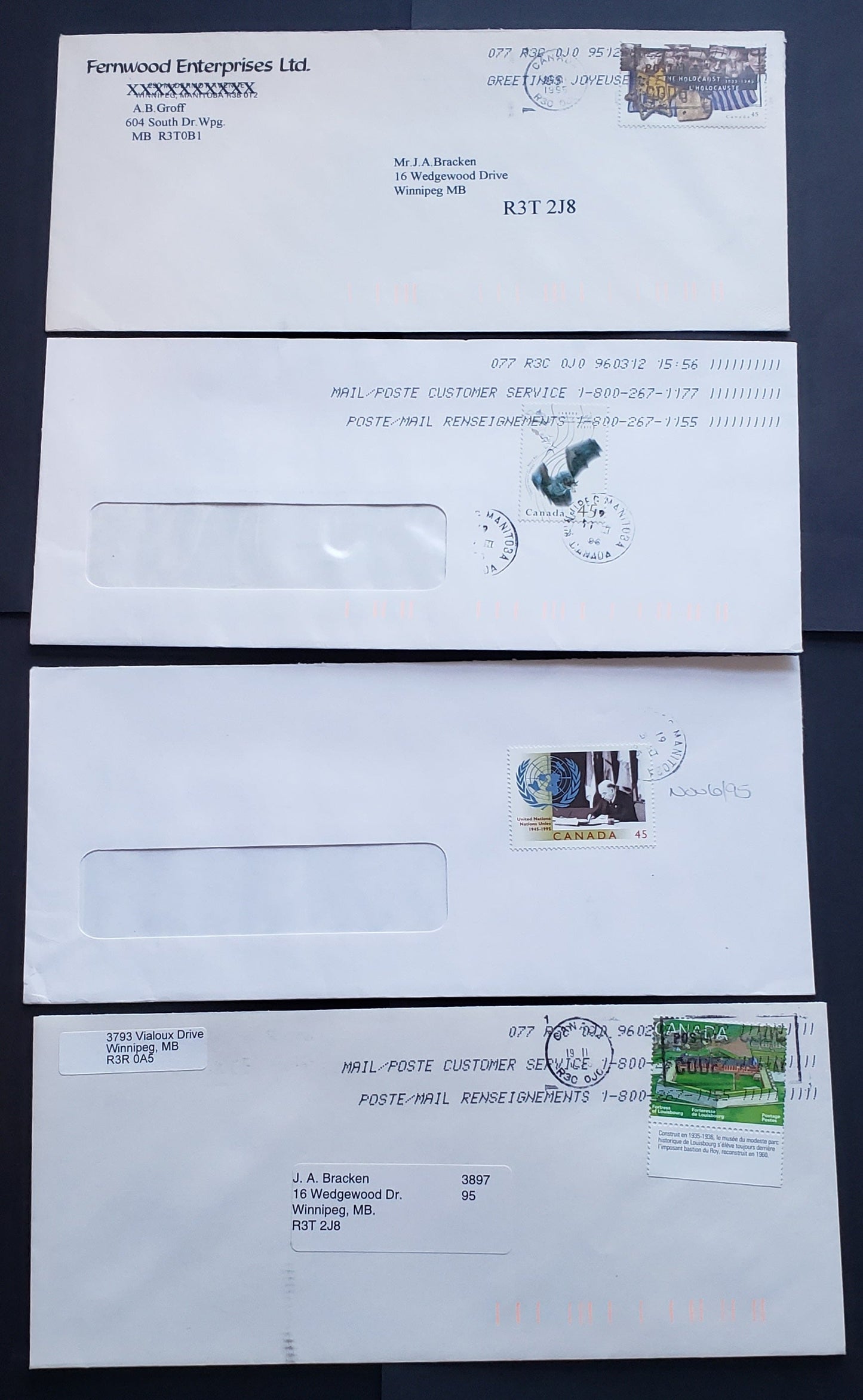 Canada #1549/1590 45c Multicoloured King's Bastion Museum Holocaust Images, 1995 Fortress Of Louisburg - Holocaust Issues, 4 VF Commercial Domestic Covers All In-Period Usages