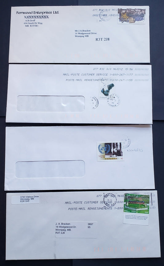Canada #1549/1590 45c Multicoloured King's Bastion Museum Holocaust Images, 1995 Fortress Of Louisburg - Holocaust Issues, 4 VF Commercial Domestic Covers All In-Period Usages