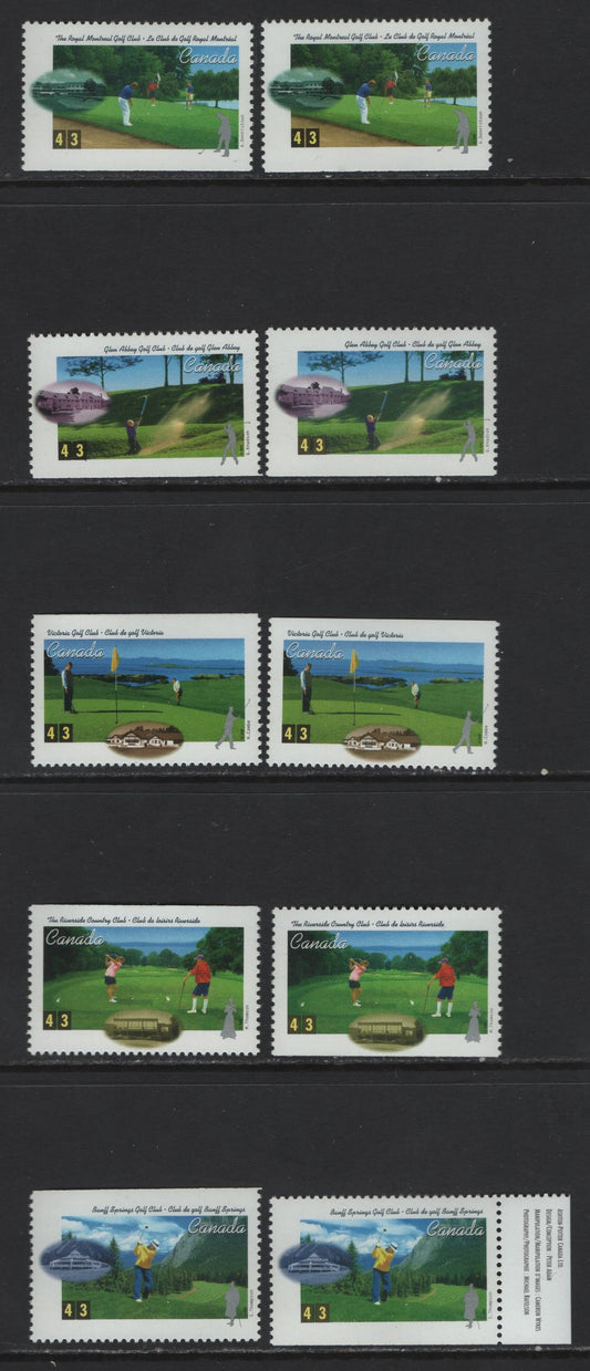 Canada #1553-1557 43c Multicoloured Banff Springs - Royal Montreal Golf Clubs, 1995 Golf In Canada Issue, 10 VFNH Singles Showing Slight Shade Differences in Either The Grass Colour Or The Vale Tablets