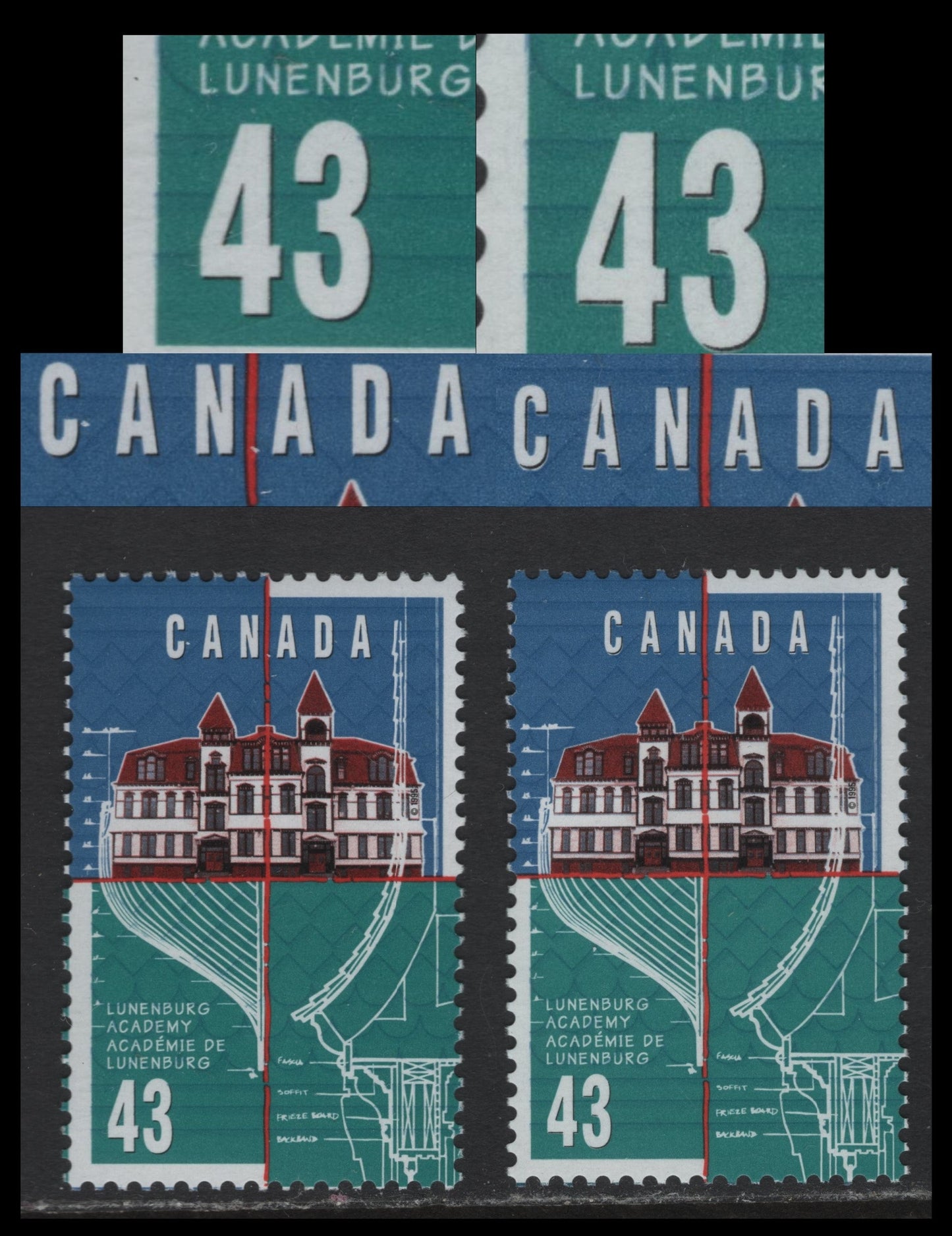 Canada #1558var 43c Multicoloured Lunenburg Academy, 1995 Lunenburg Academy Centenary issue, 2 VFNH Inscription Pairs On HF, & MF Peterborough Papers