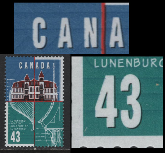 Canada #1558var 43c Multicoloured Lunenburg Academy, 1995 Lunenburg Academy Centenary issue, A VFNH Single On MF Peterborough Paper, Minor Shift Of Darker Blue Into "Canada" & "43"