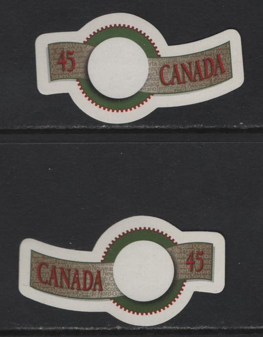Canada #1568ii, 1569iv 45c Multicoloured Quck Stick , 1995 Greetings Issue, 2 VFNH Die Cut To Shape Singles On HB JAC Paper