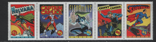 Canada #1583a 45c Multicoloured Superman - Fleur De Lys, 1995 Comic Book Superheroes Issue, A VFNH Se-Tenant Strip Of 5 On DF1 Coated Papers Paper