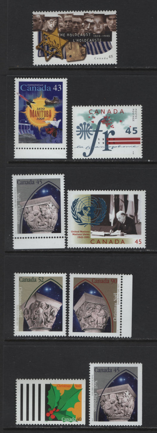 Canada #1562, 1584-1590, 1585as 40c-90c Multicoloured Sun & Manitoba Icons - Holocost Images, 1995 Manitoba Entry To Confederation - The Holocaust Issues, 9 VFNH Singles On DF1 Coated Papers Paper, Including Booklet Single Of 45c The Nativity