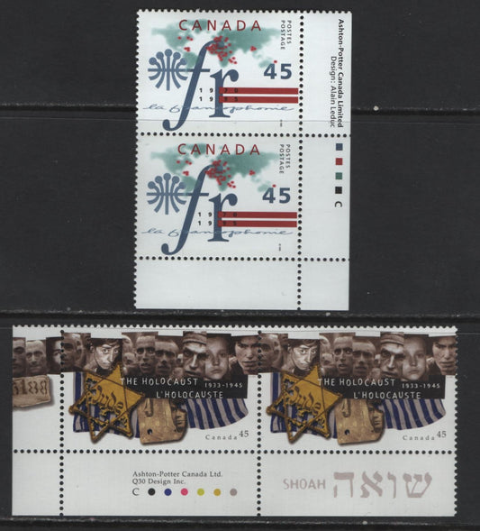 Canada #1589-1590 45c Multicoloured La Francophonie Logo - Holocaust Symbols, 1995 La Francophonie & Holocaust Issues, 2 VFNH Inscription Pairs