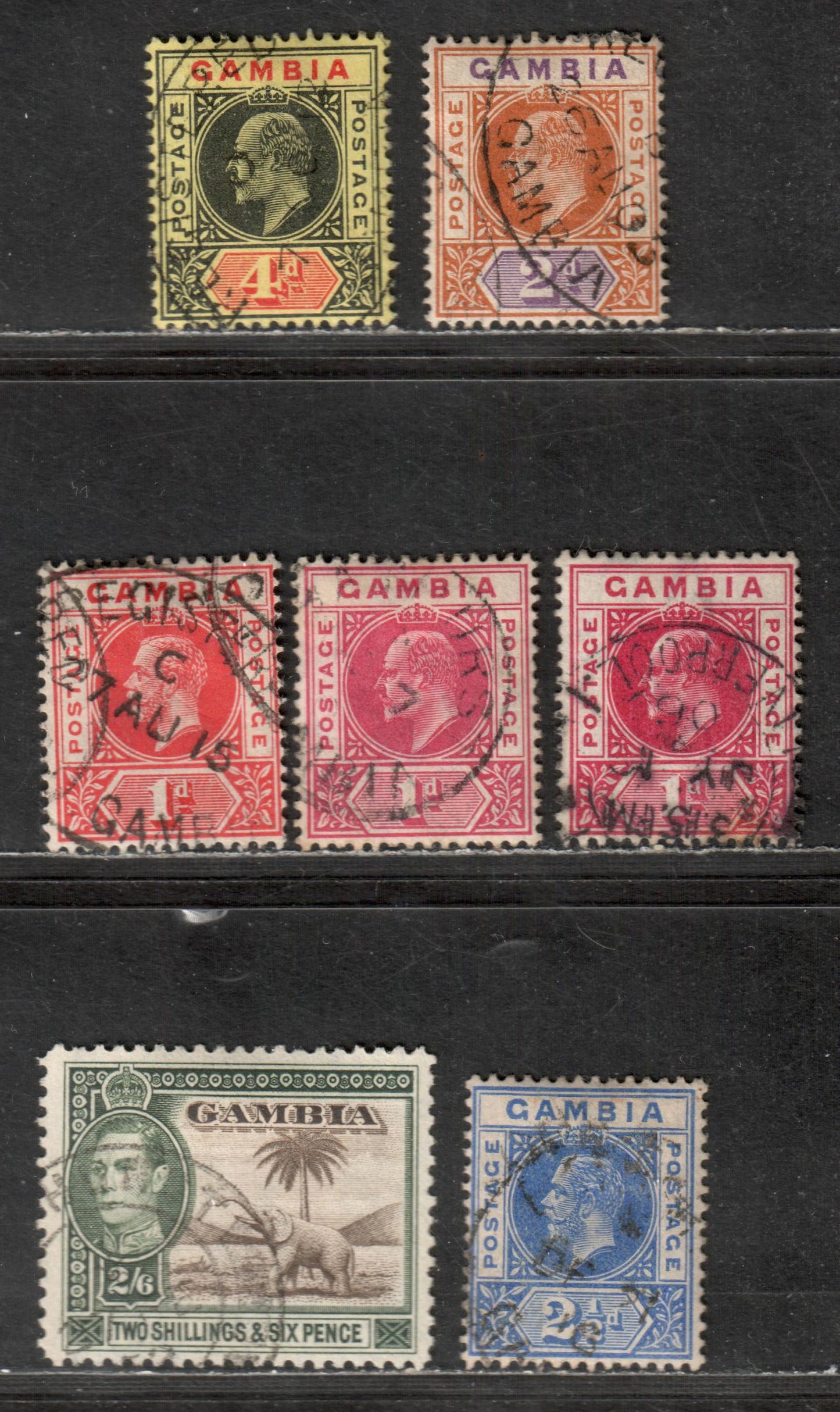 Lot 10 Gambia SG#47/158 1902-1905 King Edward VII Keyplates - 1938-1952 King George VI Colonial Badge Definitives Issues, 2d Orange & Mauve - 2//6d Sepia & Dull Green, 7 Very Fine Used Singles, Click on Listing to See ALL Pictures, Estimated Value $5