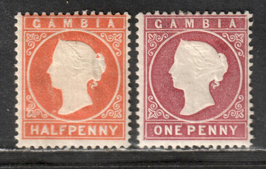 Lot 1 Gambia SG#10B/12B 1880-1881 Queen Victoria Cameo Issue, 1/2d Orange, 1d Maroon, crown CC Upright Wmk, Comb Perf 14, 2 FOG Singles, Click on Listing to See ALL Pictures, Estimated Value $15