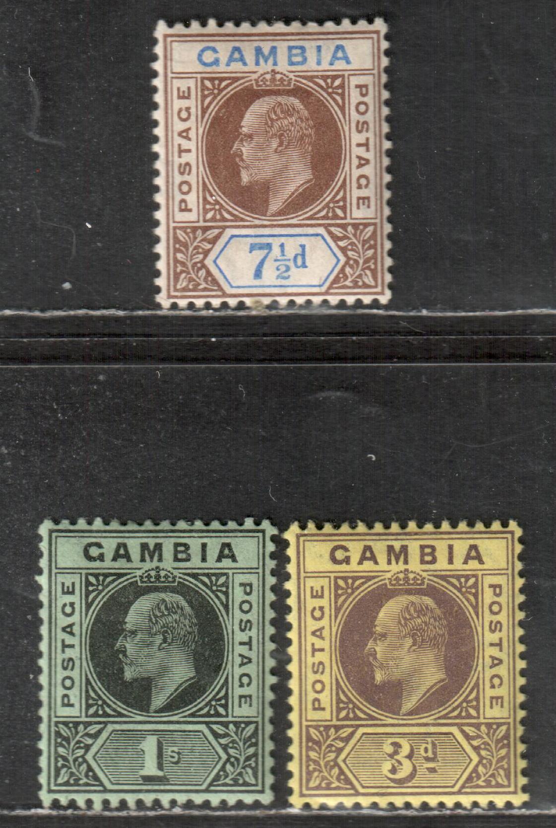 Lot 12 Gambia SG#75a/81 1909 King Edward VII Keyplates New Colours Issue, With Multiple crown CA Wmk, 3d Is Purple On Lemon Yellow, 3 VFOG Singles, Click on Listing to See ALL Pictures, Estimated Value $20