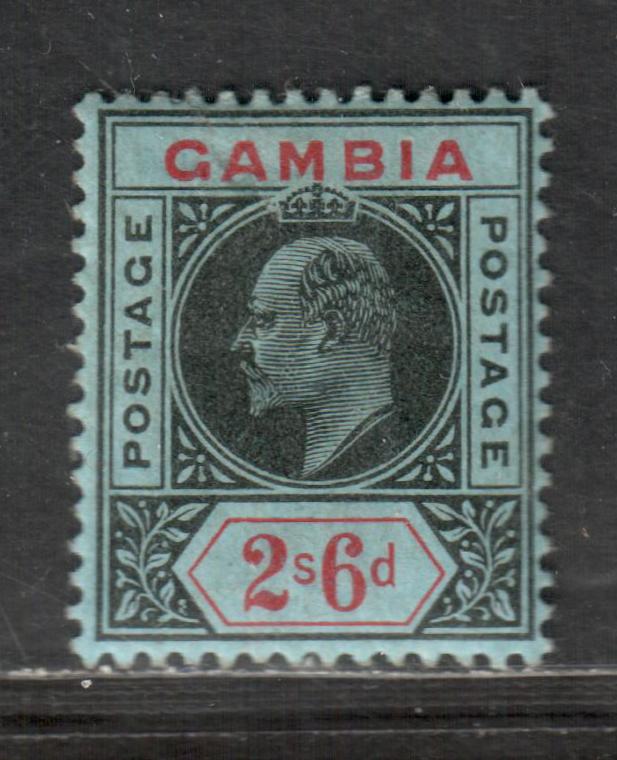 Lot 13 Gambia SG#84 2/6d Black & Red On Blue 1909 King Edward Keyplates Issue, With Multiple crown CA Wmk, A VFOG Single, Click on Listing to See ALL Pictures, Estimated Value $25