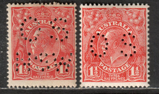 Australia SC#OB26var/OB68 1913-1931 Perforated Officials Issue, 1 1/2d Scarlet Small OS & Small OS NSW With Single Crown & Small Multiple Crown Wmk, 2 VF & F NH Singles, Click on Listing to See ALL Pictures, Estimated Value $25
